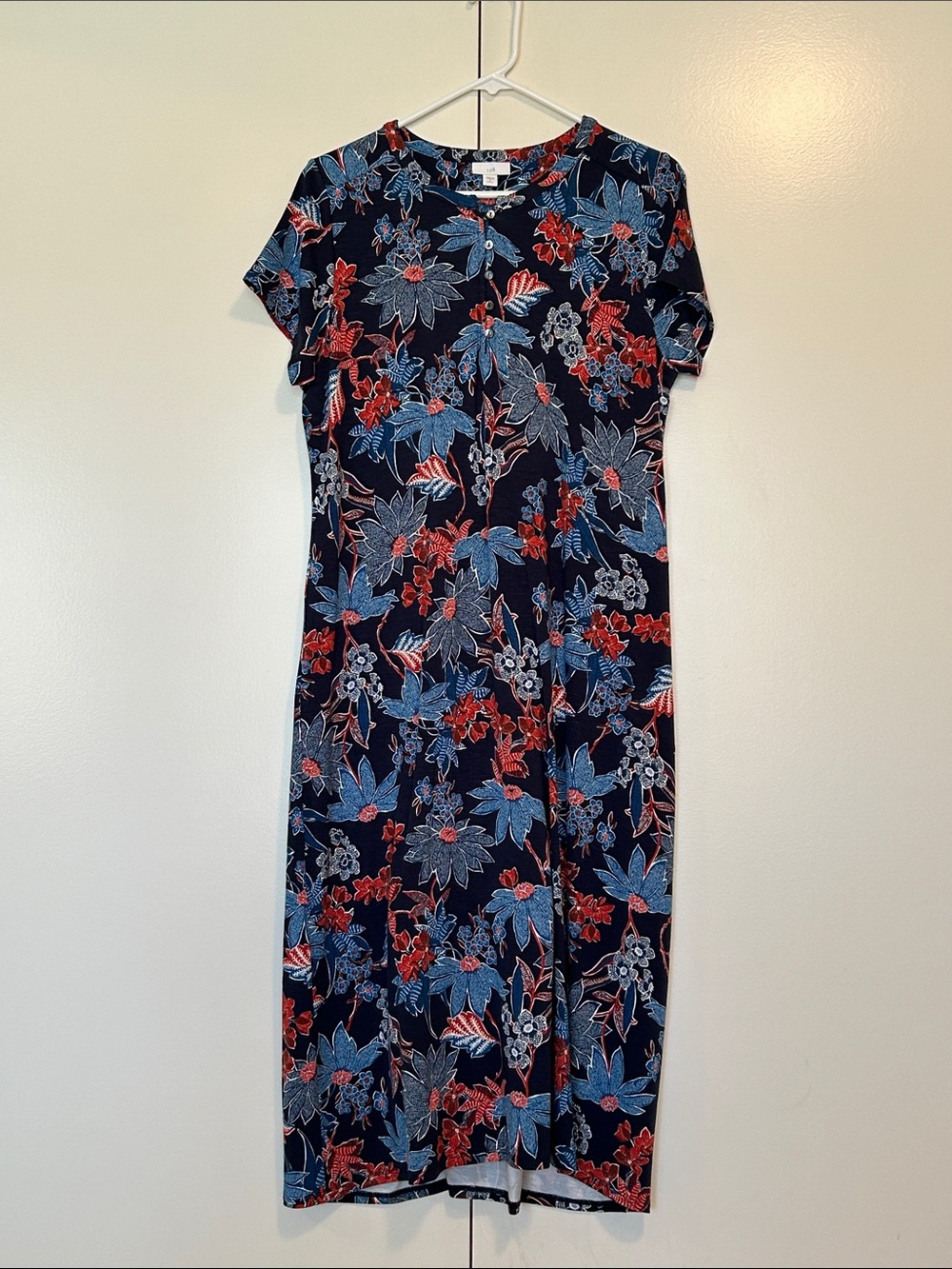 J. Jill Navy Floral Short-Sleeve Midi Dress with Blue & Red Blooms